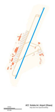 Kotoka Uluslararası Havaalanı Haritası (Gana). ACC 'nin IATA kodu. Havaalanı diyagramı, pistler, taksiler, önlükler, park alanları ve binalar. OpenStreetMap 'ten harita verileri.