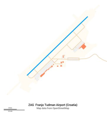 Franjo Tudman Havaalanı (Hırvatistan) haritası. ZAG 'nin IATA kodu. Havaalanı diyagramı, pistler, taksiler, önlükler, park alanları ve binalar. OpenStreetMap 'ten harita verileri.
