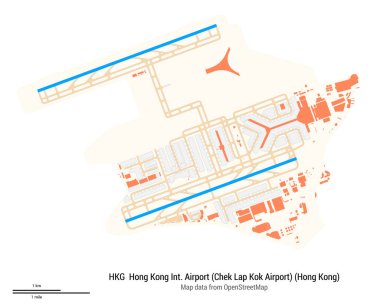 Hong Kong Uluslararası Havaalanı Haritası (Chek Lap Kok Havalimanı) (Hong Kong). HKG 'nin IATA kodu. Havaalanı diyagramı, pistler, taksiler, önlükler, park alanları ve binalar. OpenStreetMap 'ten harita verileri.