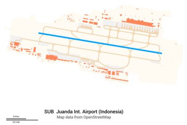 Map of Juanda International Airport (Indonesia). IATA-code: SUB. Airport diagram with runways, taxiways, apron, parking areas and buildings. Map data from OpenStreetMap. clipart