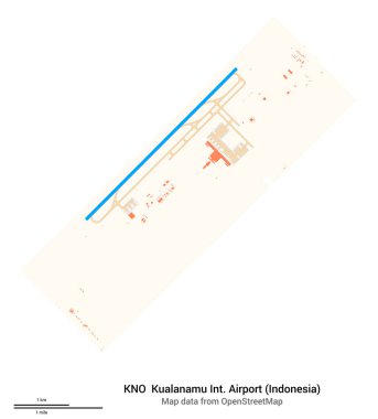 Kualanamu Uluslararası Havalimanı (Endonezya) haritası. IATA-kodu: Havaalanı diyagramı, pistler, taksiler, önlükler, park alanları ve binalar. OpenStreetMap 'ten harita verileri.