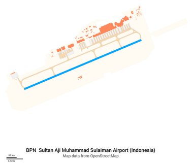 Map of Sultan Aji Muhammad Sulaiman Airport (Indonesia). IATA-code: BPN. Airport diagram with runways, taxiways, apron, parking areas and buildings. Map data from OpenStreetMap. clipart