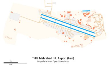Mehrabad Uluslararası Havalimanı (İran) haritası. IATA-kodu: THR. Havaalanı diyagramı, pistler, taksiler, önlükler, park alanları ve binalar. OpenStreetMap 'ten harita verileri.