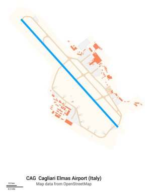 Cagliari Elmas Havalimanı (İtalya) haritası. IATA kodu: CAG. Havaalanı diyagramı, pistler, taksiler, önlükler, park alanları ve binalar. OpenStreetMap 'ten harita verileri.