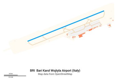 Bari Karol Wojtyla Havalimanı (İtalya) haritası. BRI 'nin IATA kodu. Havaalanı diyagramı, pistler, taksiler, önlükler, park alanları ve binalar. OpenStreetMap 'ten harita verileri.