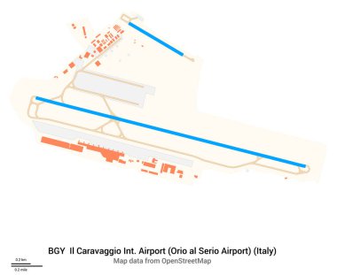 Il Caravaggio Uluslararası Havalimanı (Orio al Serio Havalimanı) (İtalya) haritası. IATA-kodu: BGY. Havaalanı diyagramı, pistler, taksiler, önlükler, park alanları ve binalar. OpenStreetMap 'ten harita verileri.