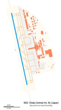 Havaalanı haritası Chubu Centrair Uluslararası Havacılık (Japonya). NGO 'nun IATA kodu. Havaalanı diyagramı, pistler, taksiler, önlükler, park alanları ve binalar. OpenStreetMap 'ten harita verileri.