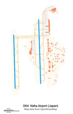 Naha Havaalanı (Japonya) haritası. IATA-kodu: tamam. Havaalanı diyagramı, pistler, taksiler, önlükler, park alanları ve binalar. OpenStreetMap 'ten harita verileri.