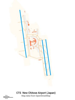 Yeni Chitose Havaalanı (Japonya) haritası. - CTS 'den. Havaalanı diyagramı, pistler, taksiler, önlükler, park alanları ve binalar. OpenStreetMap 'ten harita verileri.