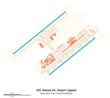 Kansai Uluslararası Havaalanı (Japonya) haritası. KIX 'in IATA kodu. Havaalanı diyagramı, pistler, taksiler, önlükler, park alanları ve binalar. OpenStreetMap 'ten harita verileri.