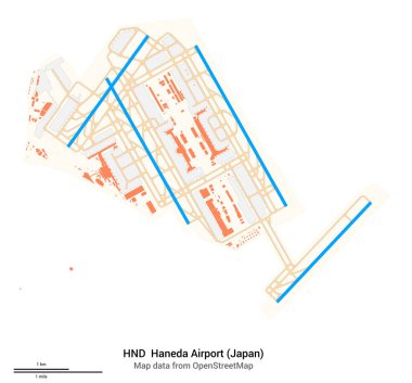 Haneda Havaalanı 'nın (Japonya) haritası. IATA-kodu: HND. Havaalanı diyagramı, pistler, taksiler, önlükler, park alanları ve binalar. OpenStreetMap 'ten harita verileri.