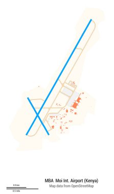 Moi Uluslararası Havalimanı Haritası (Kenya). - İşletme mastırı. Havaalanı diyagramı, pistler, taksiler, önlükler, park alanları ve binalar. OpenStreetMap 'ten harita verileri.