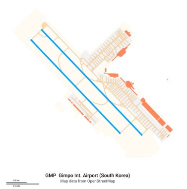 Gimpo Uluslararası Havalimanı (Güney Kore) haritası. GMP 'nin IATA kodu. Havaalanı diyagramı, pistler, taksiler, önlükler, park alanları ve binalar. OpenStreetMap 'ten harita verileri.