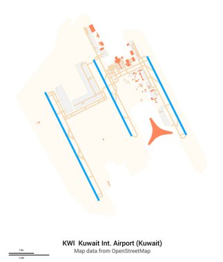 Kuveyt Uluslararası Havalimanı (Kuveyt) haritası. KWI 'nin IATA kodu. Havaalanı diyagramı, pistler, taksiler, önlükler, park alanları ve binalar. OpenStreetMap 'ten harita verileri.