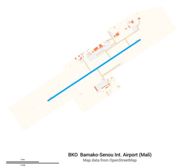Bamako-Senou Uluslararası Havalimanı Haritası (Mali). BKO 'nun IATA kodu. Havaalanı diyagramı, pistler, taksiler, önlükler, park alanları ve binalar. OpenStreetMap 'ten harita verileri.