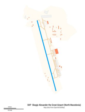 Üsküp Haritası Büyük İskender Havalimanı (Kuzey Makedonya). SKP 'nin IATA kodu. Havaalanı diyagramı, pistler, taksiler, önlükler, park alanları ve binalar. OpenStreetMap 'ten harita verileri.