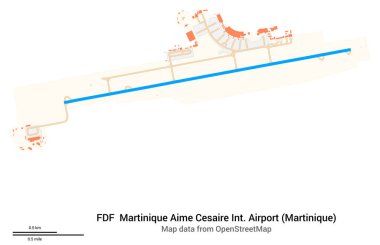 Martinique Aime Cesaire Uluslararası Havalimanı (Martinique) haritası. FDF 'nin IATA kodu. Havaalanı diyagramı, pistler, taksiler, önlükler, park alanları ve binalar. OpenStreetMap 'ten harita verileri.