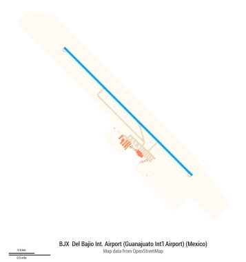 Del Bajio Uluslararası Havalimanı (Guanajuato Int 'l Airport) (Meksika) haritası. IATA-kodu: BJX. Havaalanı diyagramı, pistler, taksiler, önlükler, park alanları ve binalar. OpenStreetMap 'ten harita verileri.