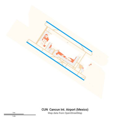 Cancun Uluslararası Havalimanı (Meksika) haritası. IATA kodu: CUN. Havaalanı diyagramı, pistler, taksiler, önlükler, park alanları ve binalar. OpenStreetMap 'ten harita verileri.
