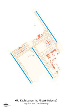 Kuala Lumpur Uluslararası Havalimanı (Malezya) haritası. KUL 'un IATA kodu. Havaalanı diyagramı, pistler, taksiler, önlükler, park alanları ve binalar. OpenStreetMap 'ten harita verileri.