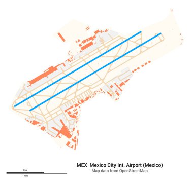 Mexico City Uluslararası Havaalanı 'nın (Meksika) haritası. IATA kodu: MEX. Havaalanı diyagramı, pistler, taksiler, önlükler, park alanları ve binalar. OpenStreetMap 'ten harita verileri.