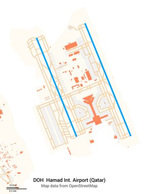 Hamad Uluslararası Havalimanı Haritası (Katar). IATA-kodu: DOH. Havaalanı diyagramı, pistler, taksiler, önlükler, park alanları ve binalar. OpenStreetMap 'ten harita verileri.