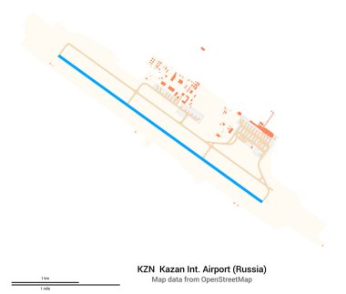 Kazan Uluslararası Havaalanı 'nın (Rusya) haritası. KZN 'nin IATA kodu. Havaalanı diyagramı, pistler, taksiler, önlükler, park alanları ve binalar. OpenStreetMap 'ten harita verileri.