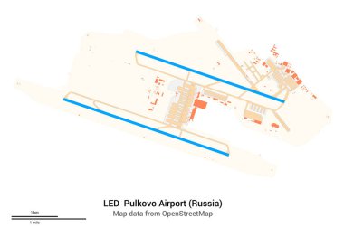 Pulkovo Havaalanı Haritası (Rusya). - LED 'de. Havaalanı diyagramı, pistler, taksiler, önlükler, park alanları ve binalar. OpenStreetMap 'ten harita verileri.