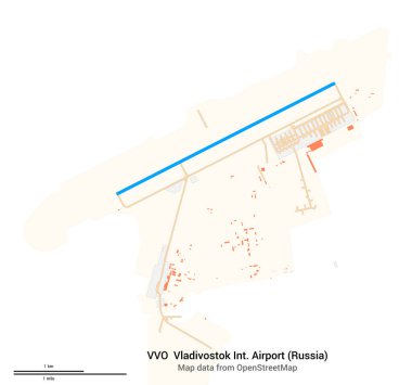 Vladivostok Uluslararası Havalimanı (Rusya) haritası. IATA-kodu: VVO. Havaalanı diyagramı, pistler, taksiler, önlükler, park alanları ve binalar. OpenStreetMap 'ten harita verileri.