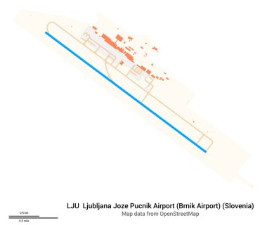 Ljubljana Joze Pucnik Havaalanı (Brnik Havaalanı) (Slovenya) haritası. LJU 'nun IATA kodu. Havaalanı diyagramı, pistler, taksiler, önlükler, park alanları ve binalar. OpenStreetMap 'ten harita verileri.