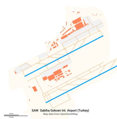 Sabiha Gökçen Uluslararası Havalimanı (Türkiye) haritası. IATA-kodu: gördüm. Havaalanı diyagramı, pistler, taksiler, önlükler, park alanları ve binalar. OpenStreetMap 'ten harita verileri.