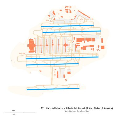 Hartsfield-Jackson Atlanta Uluslararası Havalimanı (Amerika Birleşik Devletleri) haritası. ATL 'nin IATA kodu. Havaalanı diyagramı, pistler, taksiler, önlükler, park alanları ve binalar. OpenStreetMap 'ten harita verileri.