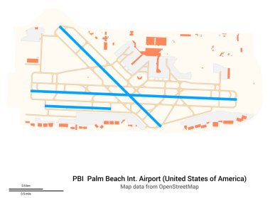 Palm Beach Uluslararası Havalimanı (Amerika Birleşik Devletleri) haritası. PBI 'ın IATA kodu. Havaalanı diyagramı, pistler, taksiler, önlükler, park alanları ve binalar. OpenStreetMap 'ten harita verileri.