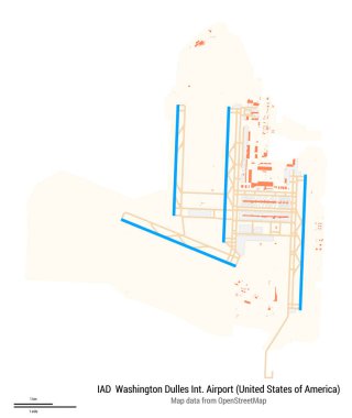 Washington Dulles Uluslararası Havaalanı Haritası (Amerika Birleşik Devletleri). IATA-kodu: IAD. Havaalanı diyagramı, pistler, taksiler, önlükler, park alanları ve binalar. OpenStreetMap 'ten harita verileri.