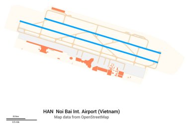 Noi Bai Uluslararası Havaalanı 'nın (Vietnam) haritası. - HAN 'dan. Havaalanı diyagramı, pistler, taksiler, önlükler, park alanları ve binalar. OpenStreetMap 'ten harita verileri.