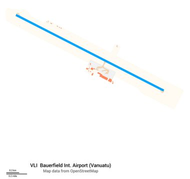 Bauerfield Uluslararası Havalimanı Haritası (Vanuatu). IATA-kodu: VLI. Havaalanı diyagramı, pistler, taksiler, önlükler, park alanları ve binalar. OpenStreetMap 'ten harita verileri.