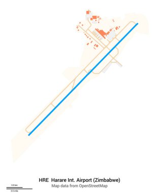 Harare Uluslararası Havaalanı Haritası (Zimbabwe). IATA-kodu: HRE. Havaalanı diyagramı, pistler, taksiler, önlükler, park alanları ve binalar. OpenStreetMap 'ten harita verileri.