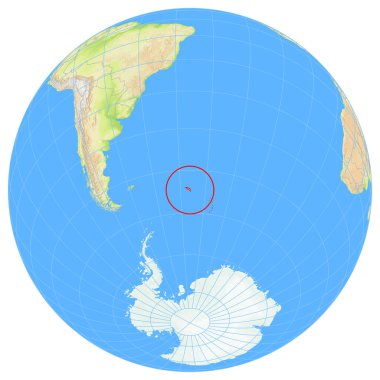 Dünya 'nın uzaydan görünüşü Güney Georgia ve Yedi Deniz' deki Güney Sandviç Adaları 'nın yerini gösteriyor. Ülke kırmızı bir çokgenle vurgulanıyor. Küçük ülkeler de kırmızı daire ile işaretlenmiştir. Hiç etiket yok..