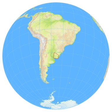 Dünya 'nın uzaydan görünüşü Uruguay' ın Güney Amerika 'daki konumunu gösteriyor. Ülke kırmızı bir çokgenle vurgulanıyor. Küçük ülkeler de kırmızı daire ile işaretlenmiştir. Hiç etiket yok..