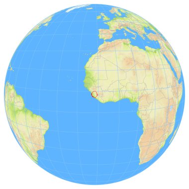 Dünya 'nın uzaydan görünüşü Sierra Leone' nin Afrika 'daki konumunu gösteriyor. Ülke kırmızı bir çokgenle vurgulanıyor. Küçük ülkeler de kırmızı daire ile işaretlenmiştir. Hiç etiket yok..