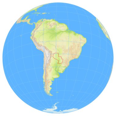 Dünya 'nın uzaydan görünüşü Paraguay' ın Güney Amerika 'daki konumunu gösteriyor. Ülke kırmızı bir çokgenle vurgulanıyor. Küçük ülkeler de kırmızı daire ile işaretlenmiştir. Hiç etiket yok..