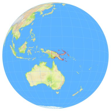 Uzaydan Dünya 'nın görüntüsü Papua Yeni Gine' nin Avustralya 'daki konumunu gösteriyor. Ülke kırmızı bir çokgenle vurgulanıyor. Küçük ülkeler de kırmızı daire ile işaretlenmiştir. Hiç etiket yok..