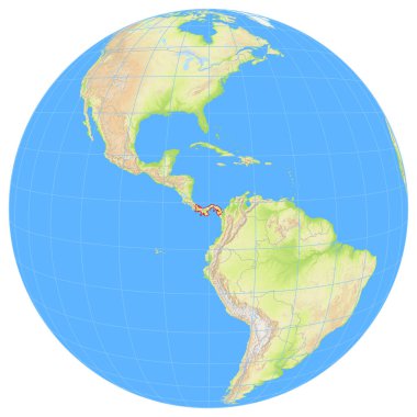 Dünya 'nın uzaydan görünüşü Panama' nın Kuzey Amerika 'daki konumunu gösteriyor. Ülke kırmızı bir çokgenle vurgulanıyor. Küçük ülkeler de kırmızı daire ile işaretlenmiştir. Hiç etiket yok..