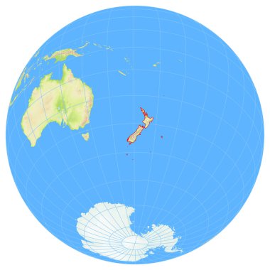 Dünya 'nın uzaydan görünüşü Yeni Zelanda' nın Avustralya 'daki konumunu gösteriyor. Ülke kırmızı bir çokgenle vurgulanıyor. Küçük ülkeler de kırmızı daire ile işaretlenmiştir. Hiç etiket yok..