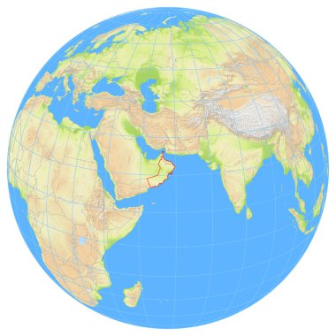 Dünya 'nın uzaydan görünüşü Umman' ın Asya 'daki konumunu gösteriyor. Ülke kırmızı bir çokgenle vurgulanıyor. Küçük ülkeler de kırmızı daire ile işaretlenmiştir. Hiç etiket yok..