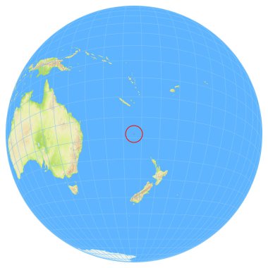 Uzaydan Dünya 'nın görüntüsü Avustralya' daki Norfolk Adası 'nın yerini gösteriyor. Ülke kırmızı bir çokgenle vurgulanıyor. Küçük ülkeler de kırmızı daire ile işaretlenmiştir. Hiç etiket yok..