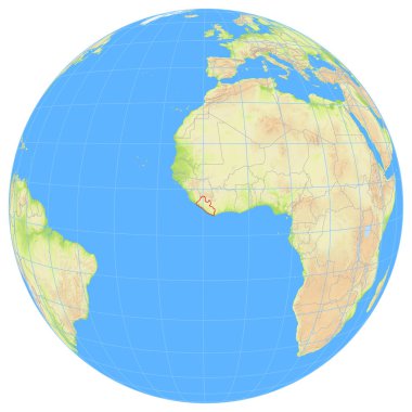 Dünya 'nın uzaydan görünüşü Liberya' nın Afrika 'daki konumunu gösteriyor. Ülke kırmızı bir çokgenle vurgulanıyor. Küçük ülkeler de kırmızı daire ile işaretlenmiştir. Hiç etiket yok..