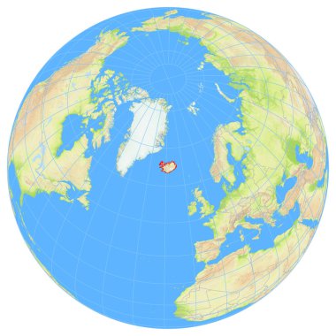 Dünya 'nın uzaydan görünüşü, İzlanda' nın Avrupa 'daki konumunu gösteriyor. Ülke kırmızı bir çokgenle vurgulanıyor. Küçük ülkeler de kırmızı daire ile işaretlenmiştir. Hiç etiket yok..