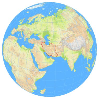 Dünya 'nın uzaydan görünüşü İran' ın Asya 'daki konumunu gösteriyor. Ülke kırmızı bir çokgenle vurgulanıyor. Küçük ülkeler de kırmızı daire ile işaretlenmiştir. Hiç etiket yok..