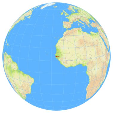 Dünya 'nın uzaydan görünüşü, Afrika' daki Gambiya 'nın yerini gösteriyor. Ülke kırmızı bir çokgenle vurgulanıyor. Küçük ülkeler de kırmızı daire ile işaretlenmiştir. Hiç etiket yok..
